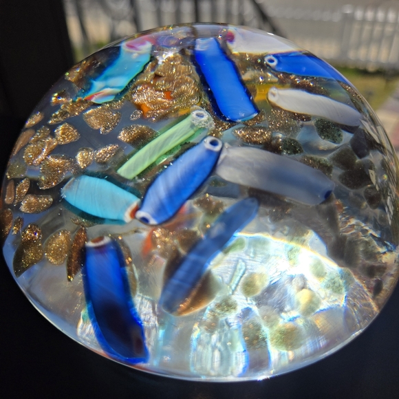 Large MCM Vintage Murano Sparkly Gold Flek Milifiori Candy Paperweight 2lbs 5oz. - Picture 8 of 16